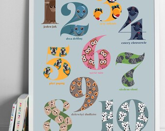 BLUE poster with the Polish NUMBERS and funny ANIMALS,  large 50x70cm, art print (19,75 x 27,5 inch.)