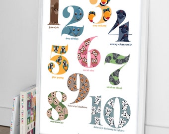 Colorful poster with the Polish NUMBERS and FUNNY ANIMALS,  large 50x70cm (19,75 x 27,5 inch.) art print