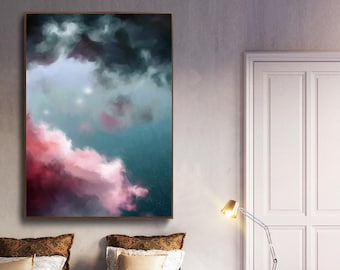 Cloud Painting, Abstract Art Print, Abstract Giclee, Green, Pink, Modern Art , Minimalist Painting, Expressionist Art - READY TO HANG