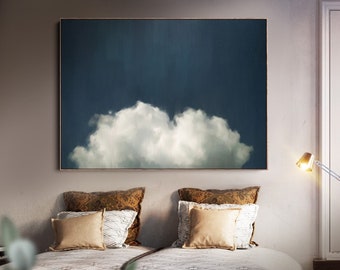 Extra Large Art, Clouds , Wall Art , Abstract Giclee, Modern Minimalist Painting, White, Navy & Grey 'Cumulus II'