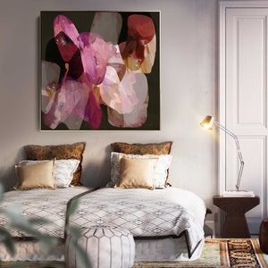 May include: A bedroom with a twin bed, a brown nightstand, and a lamp. The wall behind the bed has a large abstract painting with pink, red, and black colors.