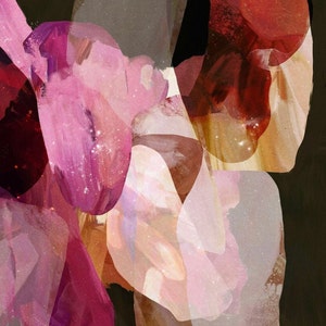 May include: Abstract art print featuring overlapping shapes in shades of pink, red, and brown. The shapes are layered and translucent, creating a sense of depth and movement. The background is a dark brown.