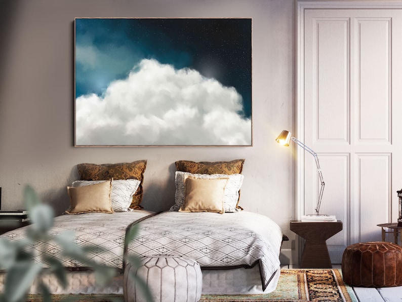 Sapphire Blue Cloud Print Sky Wall Art Abstract Painting Minimalist Wall Decor Dark Blue Art 'Cumulus V Landscape' image 2