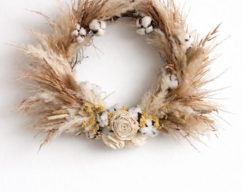 Neutral Pampas & Cotton Dried Floral Wreath – Boho Farmhouse Door Decor