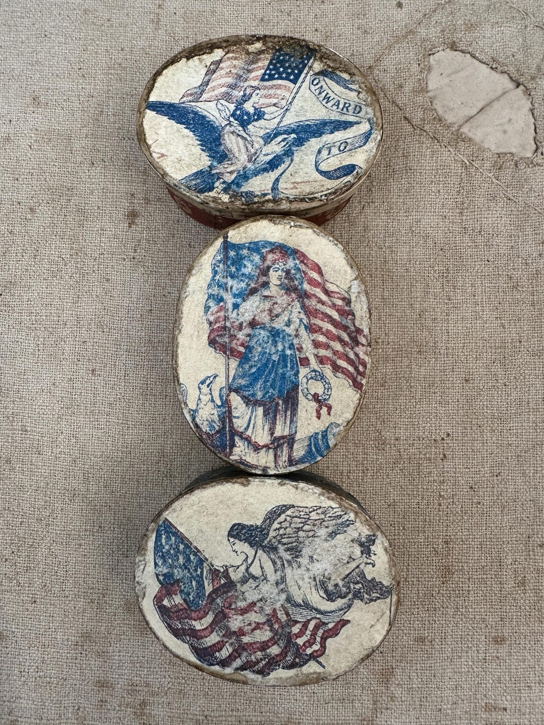 Primitive Grungy Americana Set of 3 Oval Paper Mache Boxes 3.5" Bowl ...