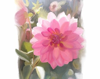 Dahlias, Pintura floral abstracta, Pintura de Dahlia abstracta, Medios mixtos, Flores rosas, Pintura de ramo de flores, Abstracto, Dahlia abstracta