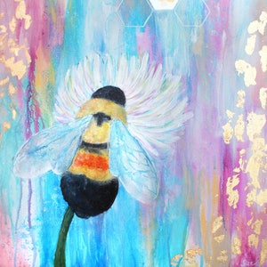 May include: A painting of a bumblebee with white wings, perched on a white flower with a yellow center. The background is a colorful abstract design with gold accents and a honeycomb pattern.