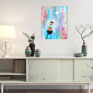 May include: A painting of a bumblebee with a white fuzzy body and black and yellow stripes, flying in front of a blue and pink flower. The background is a light blue and pink abstract design.