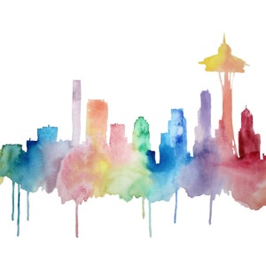 Seattle Skyline Watercolor Print: Colorful Washington Art