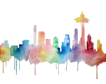 Seattle Skyline Watercolor Print: Colorful Washington Art