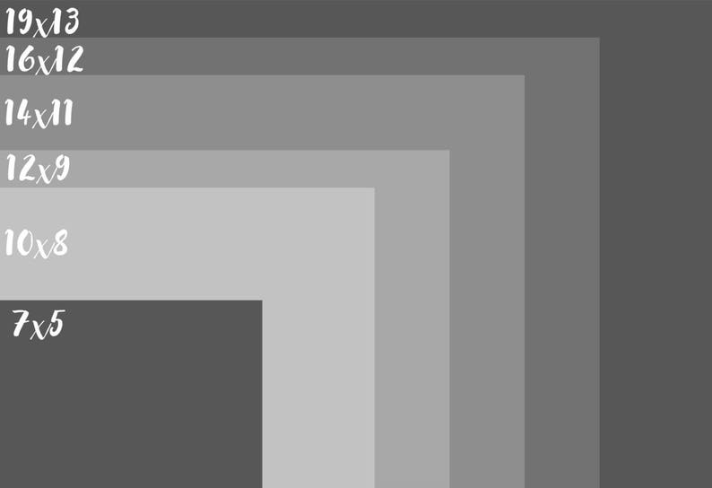 May include: A visual representation of different sizes of picture frames, with the measurements of each frame listed in inches. The frames are arranged in a descending order of size, with the largest frame at the top and the smallest frame at the bottom.