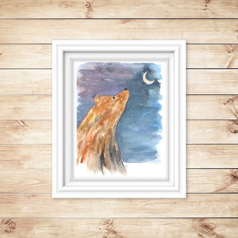 May include: Watercolor painting of a brown bear looking up at a crescent moon in a starry night sky.