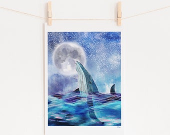 Ballena Jorobada Pacífico Noroeste Arte Luna Llena Luna Azul Ballena Mejor Venta Arte Vida Oceánica Acuarela Arte Acuarela Impresión PNW Puget Sound