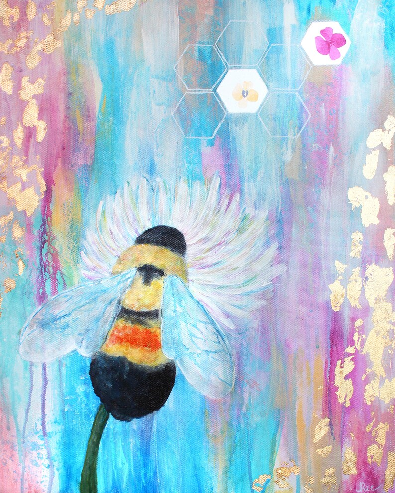 May include: A painting of a bumblebee with white wings, perched on a white flower with a yellow center. The background is a colorful abstract design with gold accents and a honeycomb pattern.