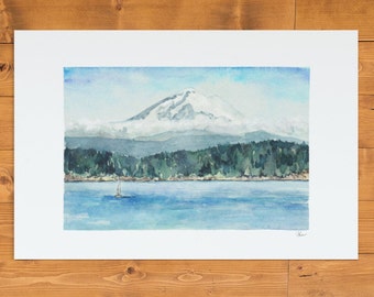Mount Rainier Watercolor Art Print: Pacific Northwest Mountain Painting