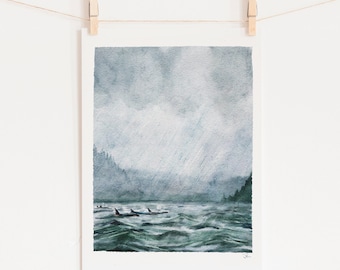 Orca Whale Watercolor Art Print: Pacific Northwest Ocean Scene