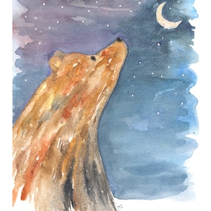 May include: Watercolor painting of a brown bear looking up at a crescent moon in a starry night sky.