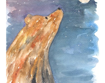 Bear and Moon Watercolor Print: Nursery Storybook Art