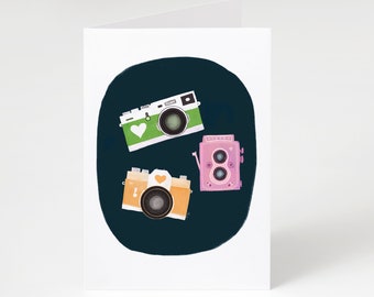 Retro Cameras, Camera Card,  Vintage Cameras, Old cameras, painted Cameras,Blank Card, Birthday Card, Greeting Card, Thank you card,