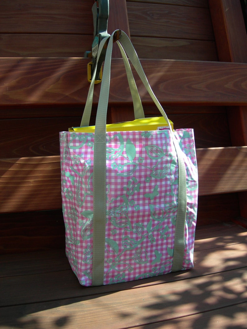 Laminated Cotton Market Tote Medium Pink Gingham and Grey Flowers
