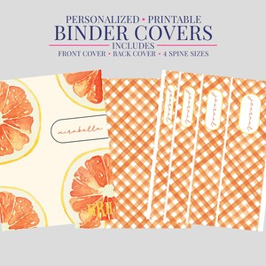 May include: Printable binder covers with a citrus fruit design. The front cover features orange slices on a cream background, with the name "mirabella". Includes back cover and four spine sizes. The spine covers have the word "journal".