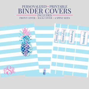 Op de afbeelding: Printbare ordnerhoezen met een lichtblauw en wit gestreept patroon. De hoezen hebben een ananasontwerp en het woord "Programming" op de ruglabels. Inclusief voor- en achterkant en 4 rugmaten.