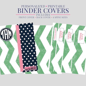 May include: Printable binder covers with a green and white chevron pattern, navy blue polka dots, and pink accents. Includes front and back covers, and 4 spine sizes. The binder covers are personalized with a monogram and the words "Earth Science".