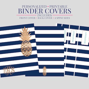 May include: Printable binder covers with navy blue and white stripes, featuring gold pineapples and a monogram. Includes front and back covers, and four spine sizes. The word "LITERATURE" is printed on the spine covers. The text "PERSONALIZED PRINTABLE BINDER COVERS" is at the top.