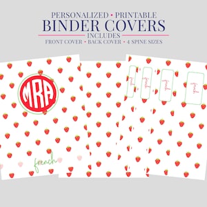 May include: Printable binder covers with a white background and a pattern of red strawberries. The front cover features a red circle with the initials "MRA" inside. Includes front and back covers, and 4 spine sizes.