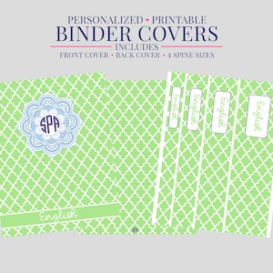 May include: Printable binder covers with a green and white trellis pattern. The covers include a front cover, back cover, and four spine sizes. The front cover features a blue and white floral design with the letters "SPA". The word "English" is printed on the front cover.