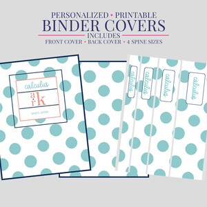 May include: Printable binder covers with a white background and teal polka dots. The front cover features the word "calculus" and the initials "aK" within a coral-colored frame. Includes front and back covers and 4 spine sizes.