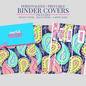 May include: Printable binder covers with a blue background and a paisley pattern in pink, green, and blue. The front cover says "world HISTORY" in pink. Includes front and back covers, and 4 spine sizes.