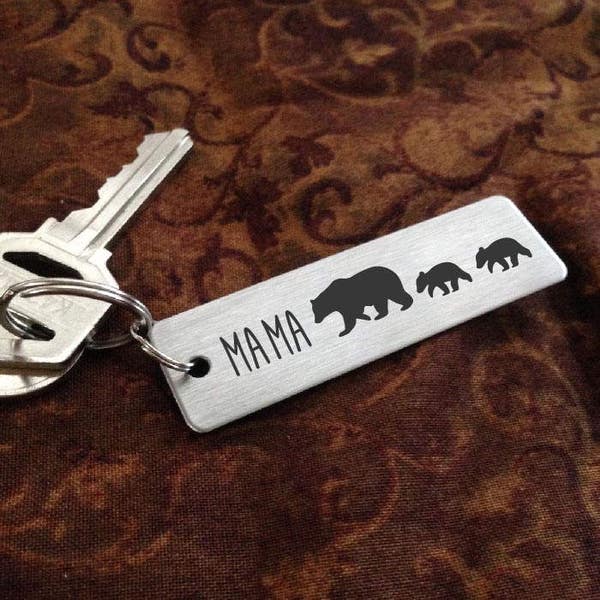 MAMA Bear Key chain + Baby Cubs  -  Laser Engraved - Brushed Stainless Steel Christmas Gift-