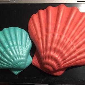 May include: Two decorative seashells, one teal green and one coral red. The shells are made of a textured material and have a 3D appearance.