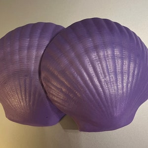 Puede incluir: Dos conchas de mar de color púrpura con una superficie texturizada. Las conchas están hechas de un material liso y brillante.
