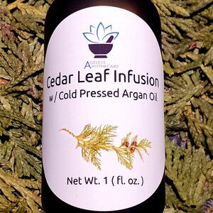 May include: A brown glass bottle with a white label that says "Cedar Leaf Infusion w/Cold Pressed Argan Oil" and "Net Wt. 1 (fl. oz.)". The bottle has a black spray top and is surrounded by green cedar leaves.