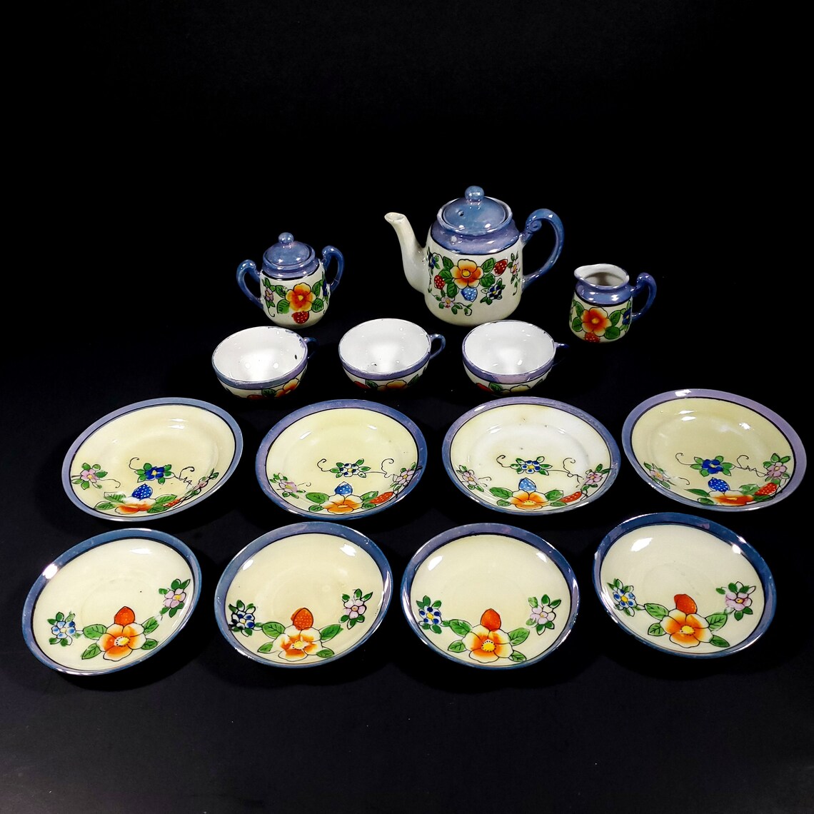 Vintage 1950s Japanese Lusterware Tea Set 17 Pieces Blue Rim Etsy