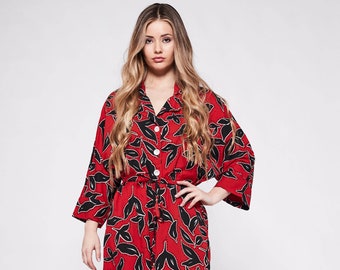 PYJAMA Jumpsuit - Women's Red & Black Floral Geometric with Tie Waist Tassels