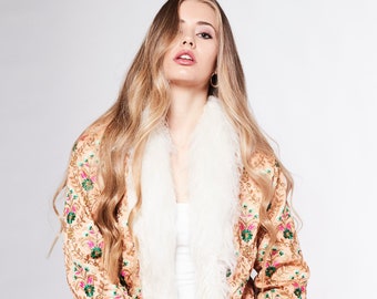 BONNIE Afghan Coat - Penny Lane Soft Peach +  Gold, Pink and Green Embroidery & Cream Faux Fur Trim