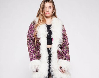 BONNIE Afghan Coat - Penny Lane Royal Purple +  Gold and Green Embroidery & Cream Faux Fur Trim