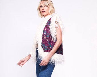 JONI Waistcoat - Afghan Style Burgundy Embroidered Gilet Fur Trim