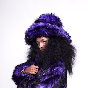 MEGA FLOOF HAT / Big Fluffy festival wide brim Hat Purple with black Fuax Fur handmade