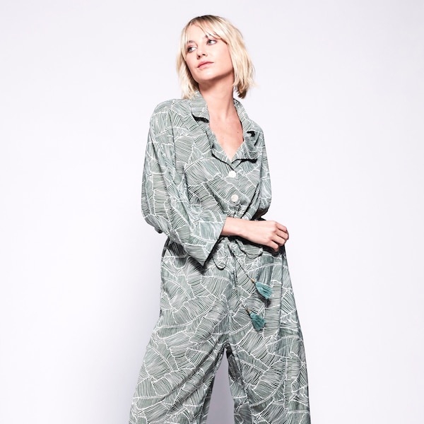 PYJAMA Jumpsuit - Green Leaf Print with Tie Waist Tassels