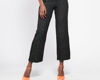 DAPHNE Trousers - Brocade Green and Purple Rose Straight Cut Pants