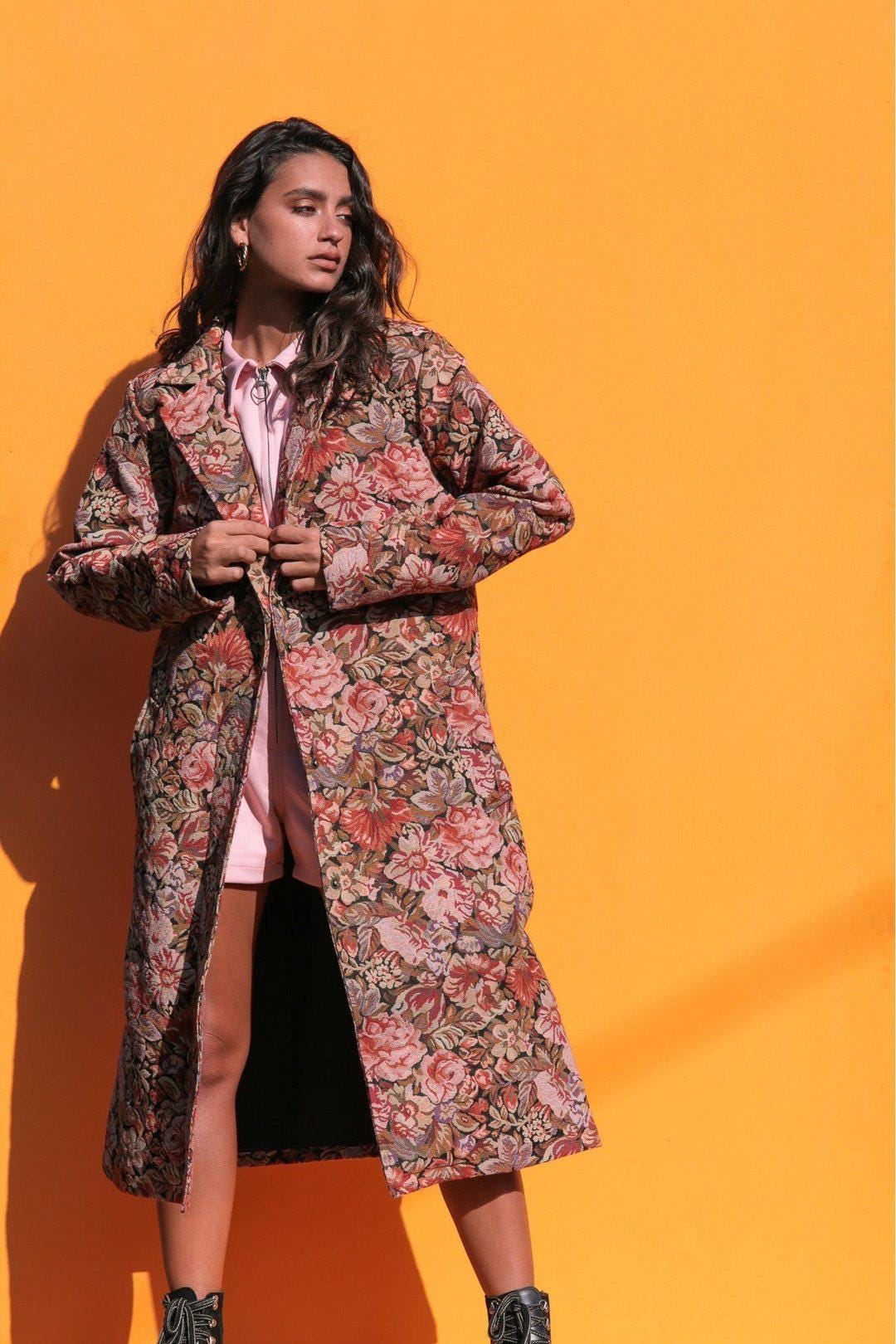 GRANDMA'S CURTAINS Woven Retro Floral Trench Jacket - Etsy
