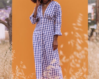 MABEL RETRO DRESS - Women's Blue Gingham Boho Style Dress