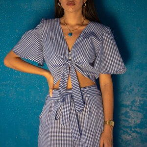 ARI Cropped Tie Blouse Blue Gingham Check image 1