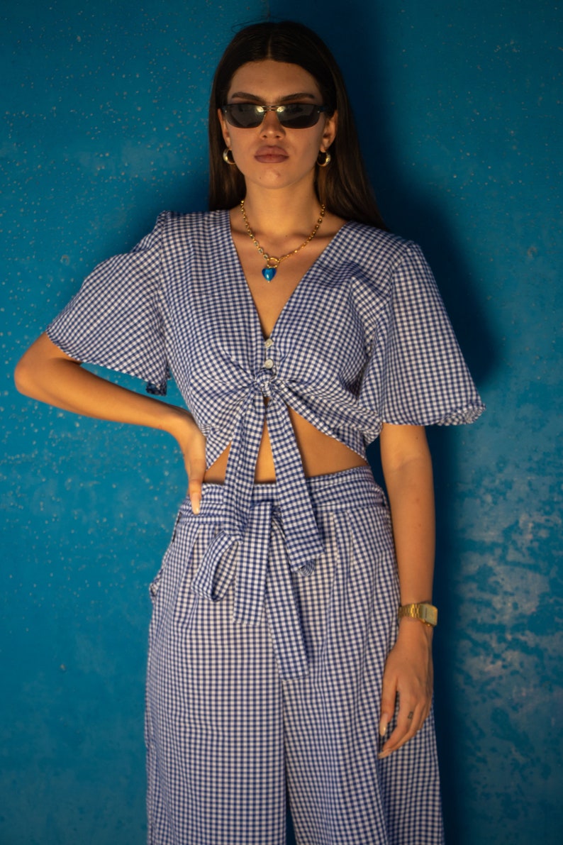 ARI Cropped Tie Blouse Blue Gingham Check image 1