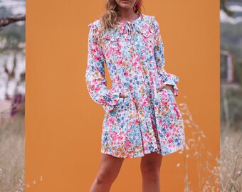 ELSIE RETRO DRESS - Women's Oversize Floral Print Mini Dress