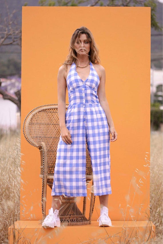 Blue gingham jumpsuit outlet